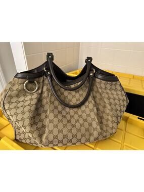 Gucci Sukey Large Original GG Canvas Tote Supreme Cloth Handbag Leather Brown